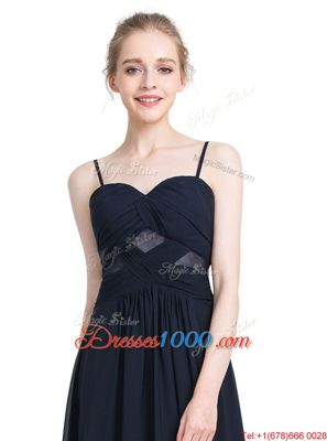 Perfect Spaghetti Straps Sleeveless Prom Evening Gown Floor Length Ruching Black Chiffon