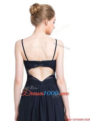 Perfect Spaghetti Straps Sleeveless Prom Evening Gown Floor Length Ruching Black Chiffon