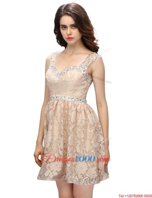 Popular Sleeveless Mini Length Lace Side Zipper Prom Dresses with Champagne
