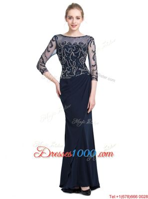 Floor Length Navy Blue Prom Gown Bateau 3|4 Length Sleeve Zipper