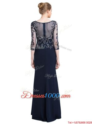 Floor Length Navy Blue Prom Gown Bateau 3|4 Length Sleeve Zipper