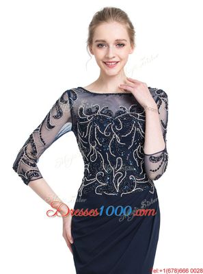 Floor Length Navy Blue Prom Gown Bateau 3|4 Length Sleeve Zipper