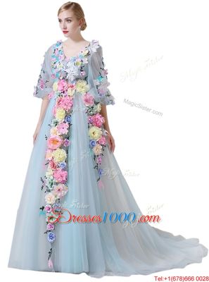 Light Blue Tulle Zipper Homecoming Dress Half Sleeves With Train Court Train Hand Made Flower