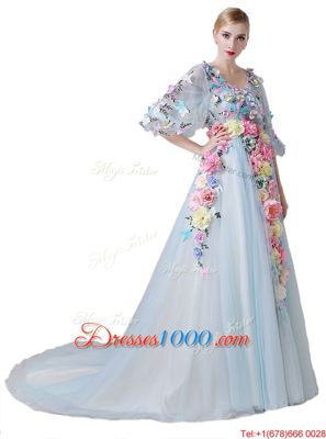 Light Blue Tulle Zipper Homecoming Dress Half Sleeves With Train Court Train Hand Made Flower