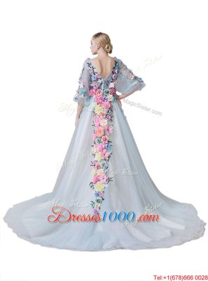Light Blue Tulle Zipper Homecoming Dress Half Sleeves With Train Court Train Hand Made Flower