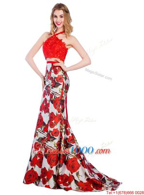 Captivating Halter Top Multi-color Mermaid Lace and Pattern Evening Dress Zipper Printed Sleeveless With Train