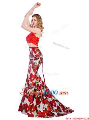 Captivating Halter Top Multi-color Mermaid Lace and Pattern Evening Dress Zipper Printed Sleeveless With Train