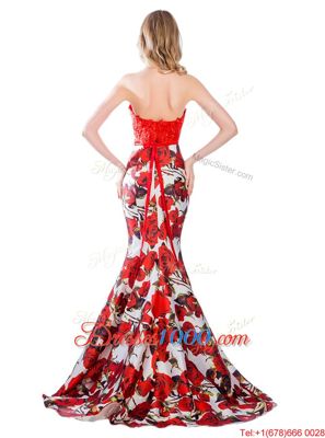Captivating Halter Top Multi-color Mermaid Lace and Pattern Evening Dress Zipper Printed Sleeveless With Train