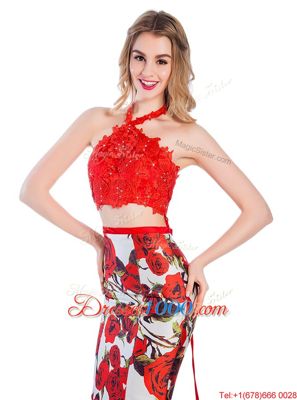 Captivating Halter Top Multi-color Mermaid Lace and Pattern Evening Dress Zipper Printed Sleeveless With Train