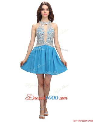 High Quality Scoop Mini Length Zipper Evening Gowns Baby Blue and In for Prom and Party with Beading