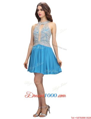 High Quality Scoop Mini Length Zipper Evening Gowns Baby Blue and In for Prom and Party with Beading