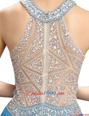 High Quality Scoop Mini Length Zipper Evening Gowns Baby Blue and In for Prom and Party with Beading
