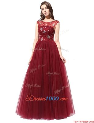 Beautiful Scoop Sleeveless Floor Length Beading Zipper Prom Dresses with Burgundy