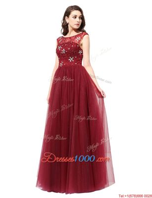 Beautiful Scoop Sleeveless Floor Length Beading Zipper Prom Dresses with Burgundy