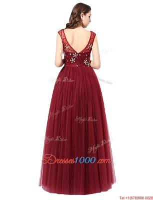 Beautiful Scoop Sleeveless Floor Length Beading Zipper Prom Dresses with Burgundy