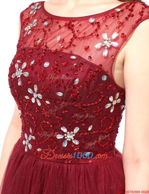 Beautiful Scoop Sleeveless Floor Length Beading Zipper Prom Dresses with Burgundy