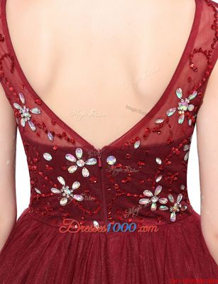 Beautiful Scoop Sleeveless Floor Length Beading Zipper Prom Dresses with Burgundy