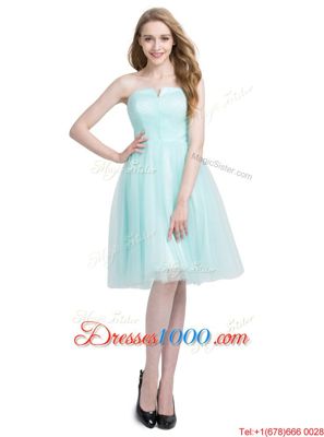 Decent A-line Homecoming Dress Turquoise Strapless Tulle Sleeveless Knee Length Zipper