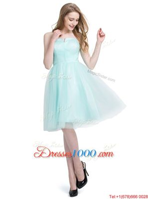 Decent A-line Homecoming Dress Turquoise Strapless Tulle Sleeveless Knee Length Zipper