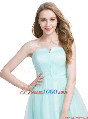 Decent A-line Homecoming Dress Turquoise Strapless Tulle Sleeveless Knee Length Zipper