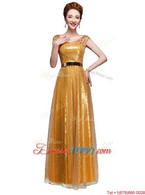 Top Selling Gold Dress for Prom Prom and Party and For with Beading and Sequins and Belt Scoop Cap Sleeves Zipper