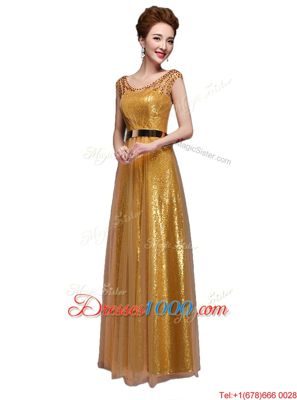 Top Selling Gold Dress for Prom Prom and Party and For with Beading and Sequins and Belt Scoop Cap Sleeves Zipper
