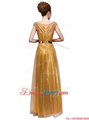 Top Selling Gold Dress for Prom Prom and Party and For with Beading and Sequins and Belt Scoop Cap Sleeves Zipper