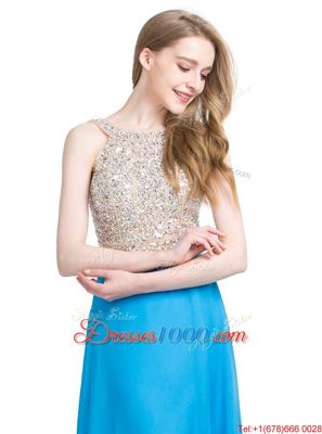 Excellent Scoop With Train Column/Sheath Sleeveless Blue Evening Dresses Brush Train Zipper