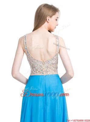 Excellent Scoop With Train Column/Sheath Sleeveless Blue Evening Dresses Brush Train Zipper