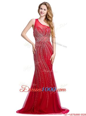 One Shoulder Red Sleeveless Tulle Brush Train Zipper Prom Gown for Prom and Party