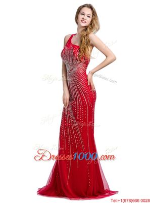 One Shoulder Red Sleeveless Tulle Brush Train Zipper Prom Gown for Prom and Party