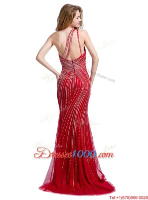 One Shoulder Red Sleeveless Tulle Brush Train Zipper Prom Gown for Prom and Party