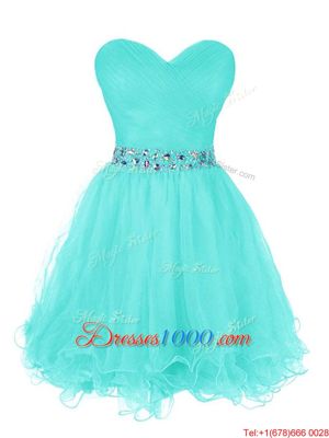 Sleeveless Organza Mini Length Zipper Prom Party Dress in Turquoise for with Beading and Ruffled Layers