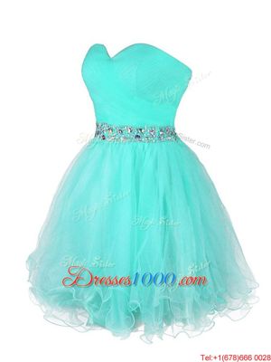Sleeveless Organza Mini Length Zipper Prom Party Dress in Turquoise for with Beading and Ruffled Layers