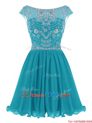 Suitable Scoop Mini Length Zipper Prom Evening Gown Teal and In for Prom and Party with Beading