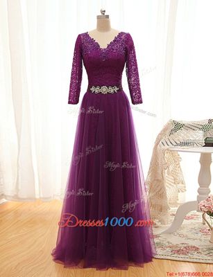 Fantastic Empire Prom Party Dress Purple V-neck Tulle 3|4 Length Sleeve Floor Length Lace Up