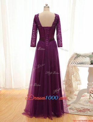 Fantastic Empire Prom Party Dress Purple V-neck Tulle 3|4 Length Sleeve Floor Length Lace Up