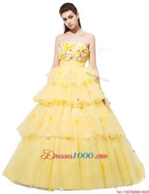 Yellow Sleeveless Ruffled Layers and Hand Made Flower With Train Evening Dress