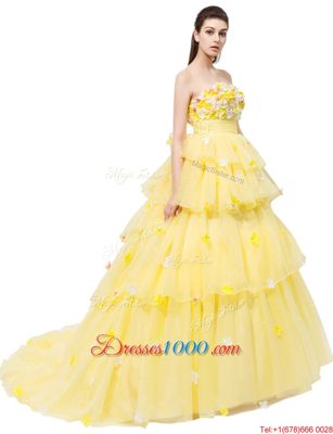 Yellow Sleeveless Ruffled Layers and Hand Made Flower With Train Evening Dress