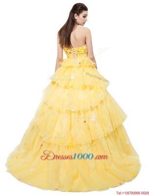 Yellow Sleeveless Ruffled Layers and Hand Made Flower With Train Evening Dress