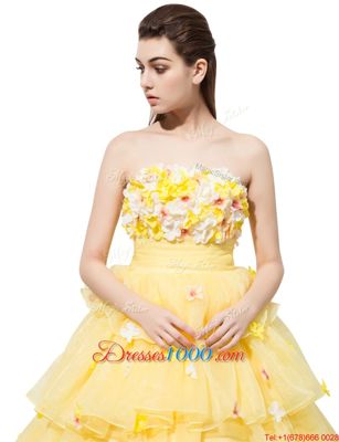Yellow Sleeveless Ruffled Layers and Hand Made Flower With Train Evening Dress