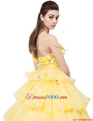 Yellow Sleeveless Ruffled Layers and Hand Made Flower With Train Evening Dress