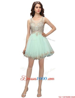 Fancy Scoop Sleeveless Mini Length Beading and Appliques Zipper Homecoming Dress with Apple Green