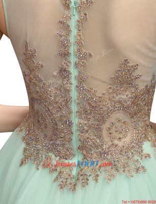 Fancy Scoop Sleeveless Mini Length Beading and Appliques Zipper Homecoming Dress with Apple Green