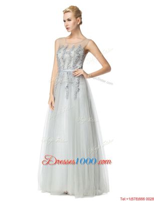 Scoop Floor Length Empire Sleeveless Silver Prom Evening Gown Zipper