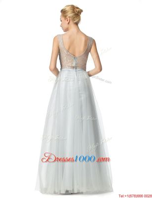 Scoop Floor Length Empire Sleeveless Silver Prom Evening Gown Zipper