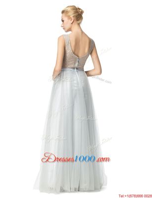 Scoop Floor Length Empire Sleeveless Silver Prom Evening Gown Zipper