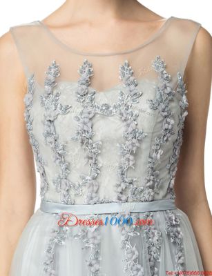 Scoop Floor Length Empire Sleeveless Silver Prom Evening Gown Zipper