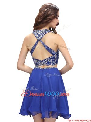Royal Blue Scoop Criss Cross Beading Prom Dresses Sleeveless