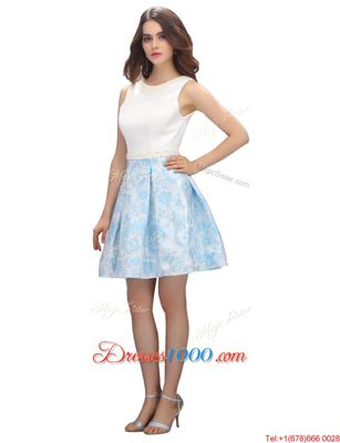 Custom Design Scoop Printed White Zipper Formal Evening Gowns Beading and Pattern Sleeveless Mini Length